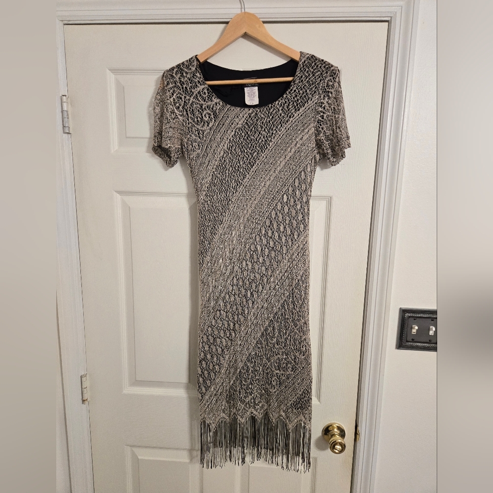 Helene Blake taupe black vintage overlay dress flapper style size 8 (runs Small)